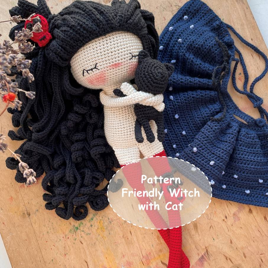 PDF Pattern Amigurumi Friendly Witch with Cat ENGLISH