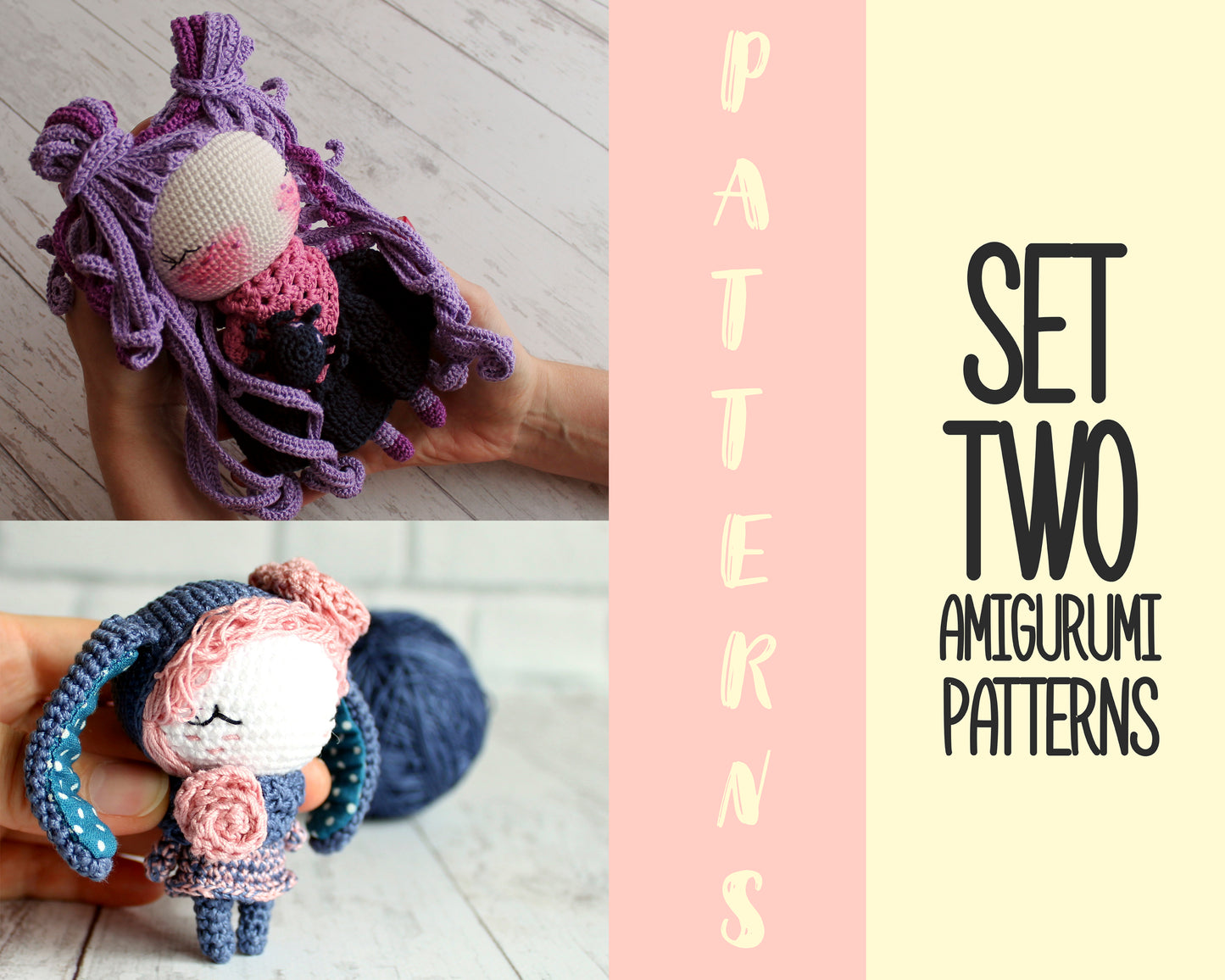 PDF SET AMIGURUMI TWO PATTERNS Doll Witch and little doll Bunny ENGLISH