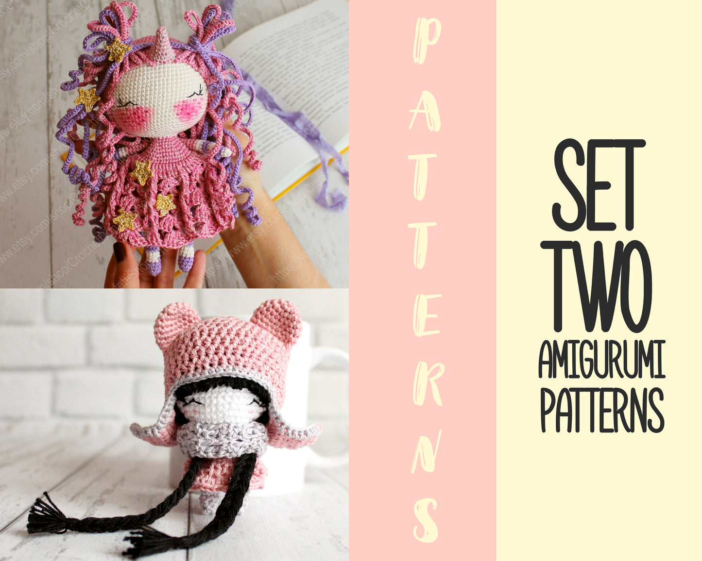 PDF SET AMIGURUMI TWO PATTERNS Doll Unicorn and Little doll Bear English
