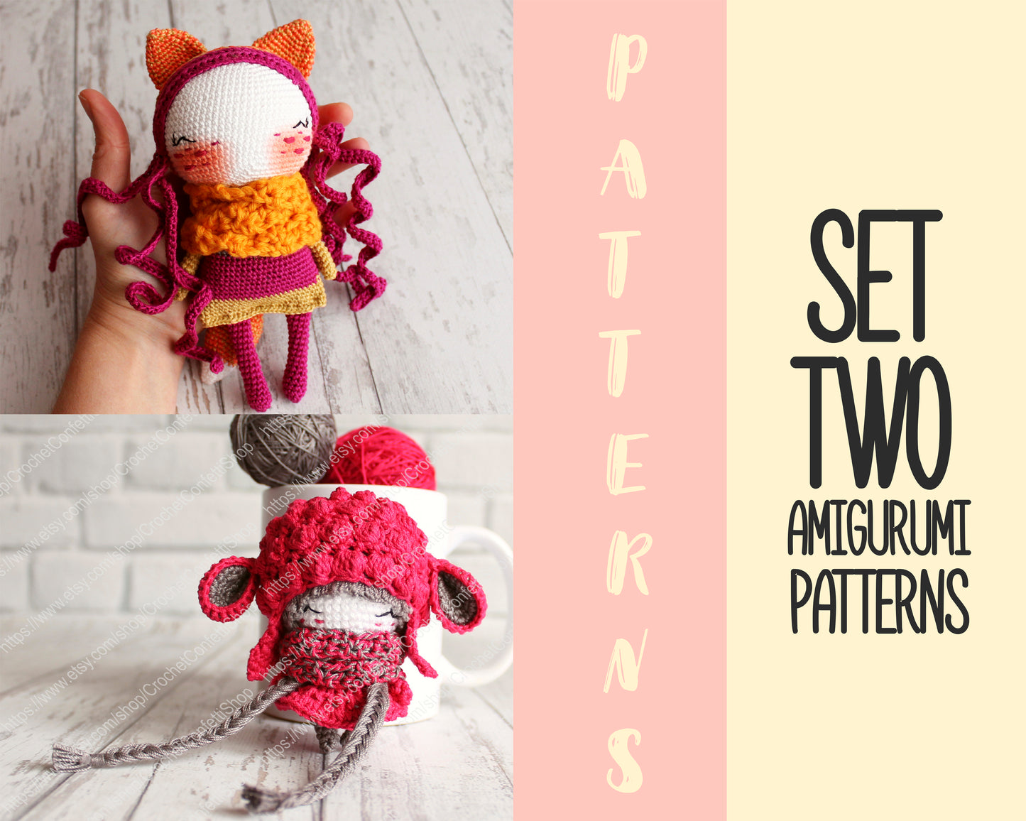 PDF SET Two Amigurumi Patterns, Crochet Fox , Amigurumi Little Sheep, Handmade Gift Ideas, DIY Doll, Cute Little Stuffed Toy