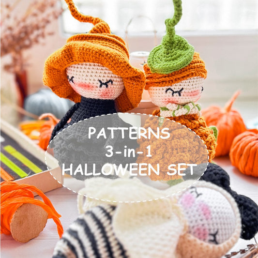 PDF Halloween Crochet PATTERN SET - 3 Amigurumi Patterns in One Bundle: Witch, Pumpkin, Ghost - Holiday Crochet Tutorials ENGLISH