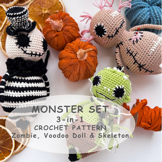 PDF Monster Crochet PATTERN SET - 3 Amigurumi Patterns in One Bundle: Zombie, Voodoo Doll and Skeleton - Halloween Crochet Tutorials ENGLISH