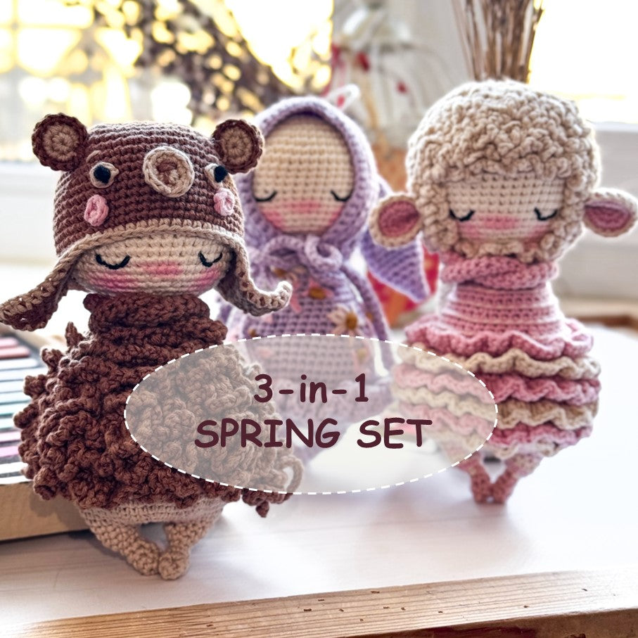 PDF 3-in-1  Spring Crochet PATTERN SET - 3 Amigurumi Patterns in One Bundle:  Bear, Bunny and Sheep - Holiday Crochet Tutorials ENGLISH