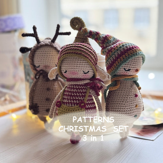 PDF Christmas Crochet PATTERN SET - 3 Amigurumi Patterns in One Bundle: Elf, Deer and Snowman - Holiday Crochet Tutorials ENGLISH