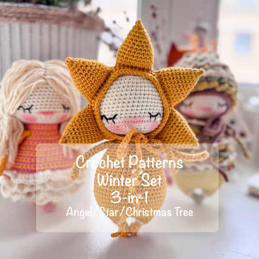 PDF Winter Crochet PATTERN SET - 3 Amigurumi Patterns in One Bundle: Star, Christmas tree and Angel - Holiday Crochet Tutorials ENGLISH