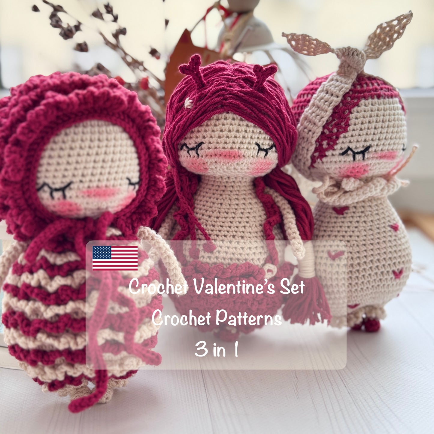 PDF Crochet PATTERN Valentine’s SET - 3 Amigurumi Patterns in One Bundle: Valentine’s Angels - Holiday Crochet Tutorials, Stuffed Toy ENGLISH