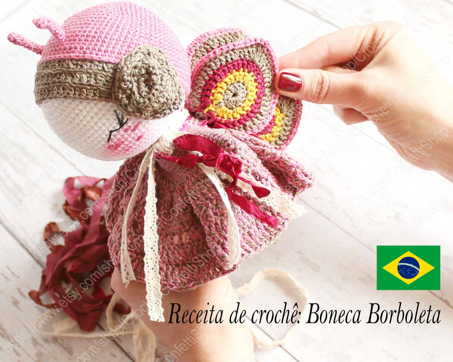 Receita de crochê: Boneca Borboleta BRAZILIAN PORTUGUESE Portugues do Brasil